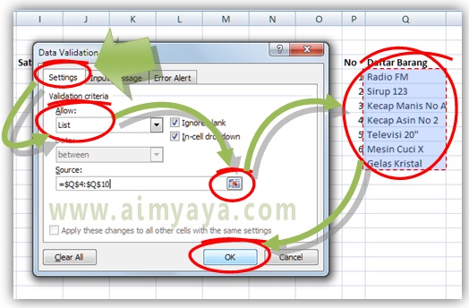 Gambar: Cara Menggunakan fasilitas Validasi data untuk membuat Dropdown List di Microsoft Excel